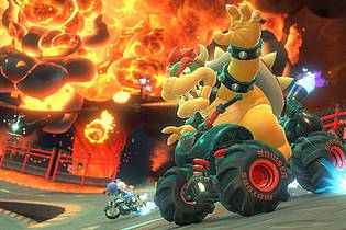 Nintendo/dpa-tmn | Feuerspeiend unterwegs: Bowser auf einem Quad in «Mario Kart World».