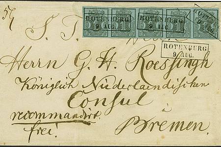 Eine alte Postsendung mit seltenen Postwertzeichen aus der Sammlung des  Tengelmann-Chefs und Milliardärs Erivan Haub.