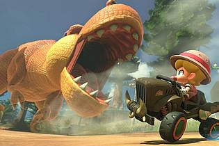Nintendo/dpa-tmn | Dino-Alarm in «Mario Kart World»: Jetzt aber schnell noch die Kurve kriegen.