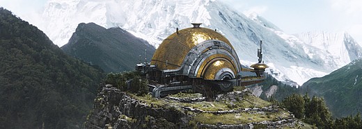 In The Creator auf Disney+ sehen wir Science Fiction Welten und neuartige, riesige Gebäude in einer Berglandschaft.